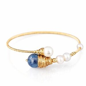 Natural Pearl & Stone Handmade Artisan Blue & Gold Bracelet